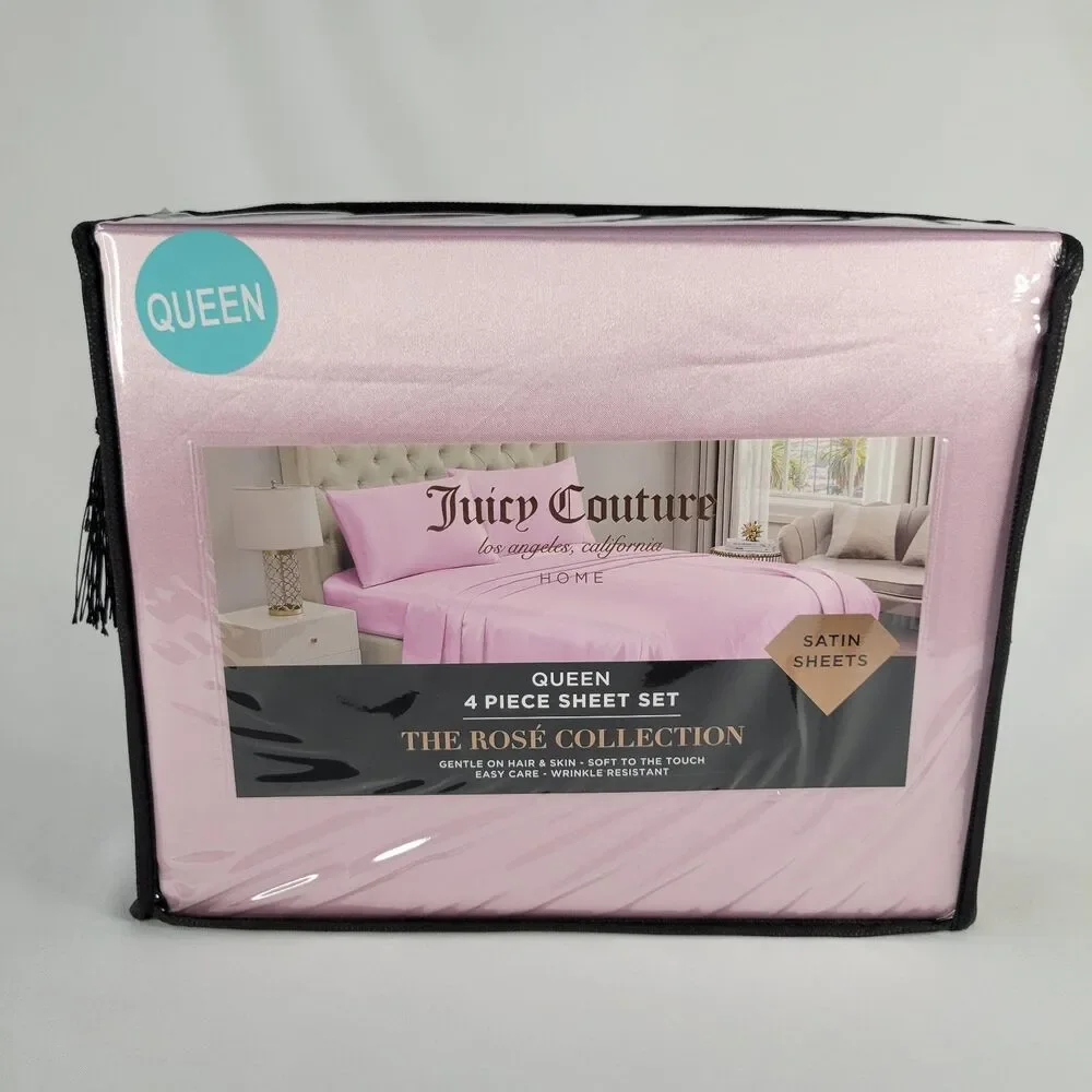 Juicy Couture Pastel Pink Satin 4pc QUEEN Sheets Set Easy Care Sleek Smooth Soft